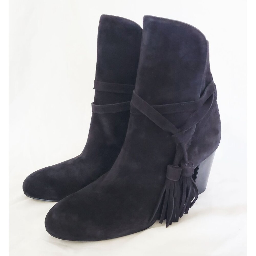 & Other Stories Womens Black Suede Leather Ankle Booties Heels Boots Tassels - Picture 2 of 11